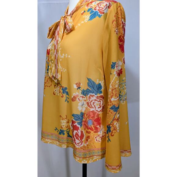 Flying Tomato Mustard Floral Print Tie Neck Blouse Size S - Picture 4 of 8